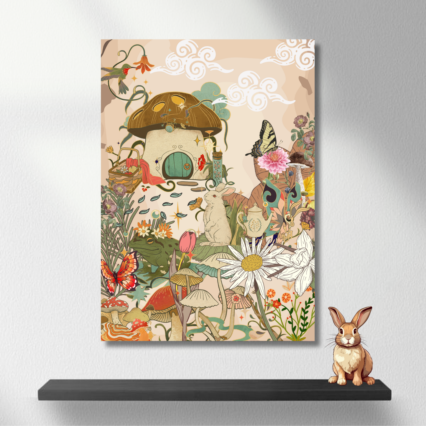 Whimsical mushroom house surrounded by flowers, butterflies, and forest creatures