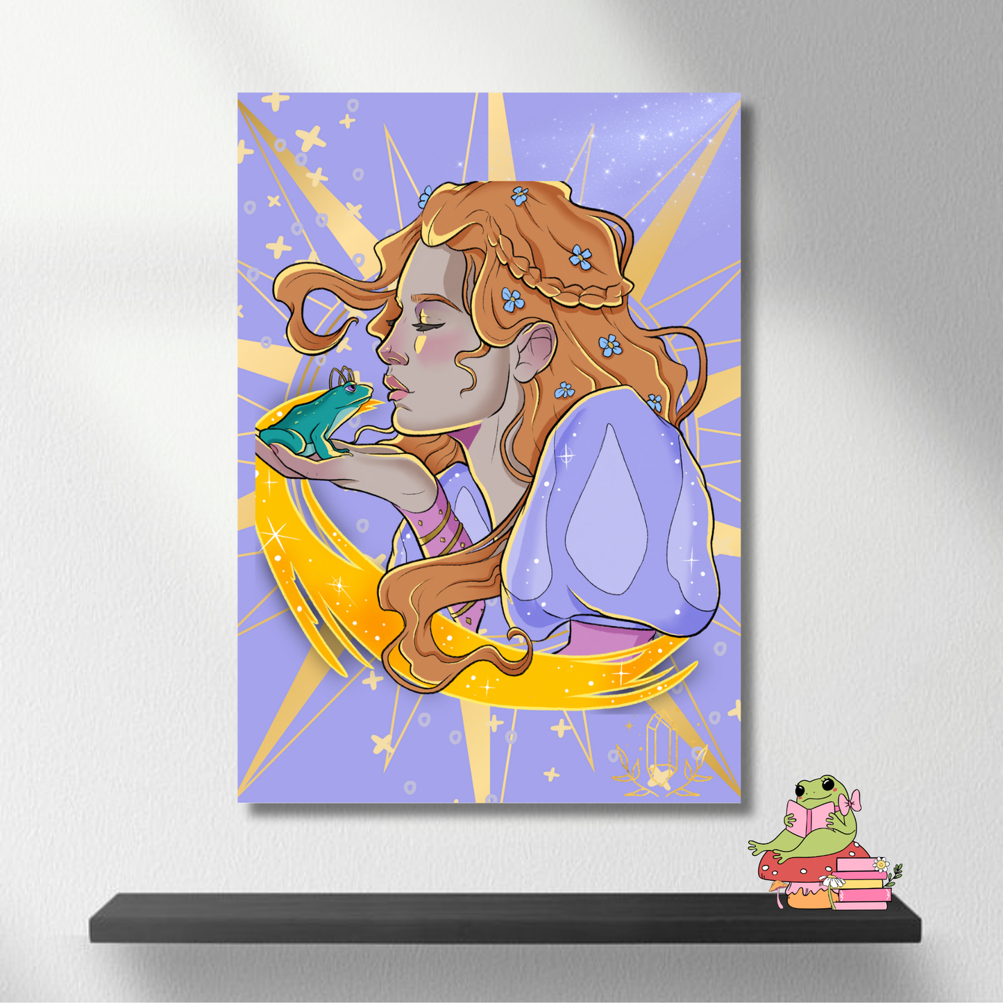 Princess kissing a frog under a crescent moon
